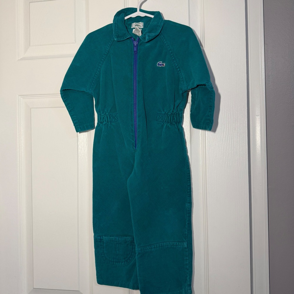 1990s Vintage Izod Lacoste Kids Teal Corduroy Coverall Jumpsuit 2T 68022T